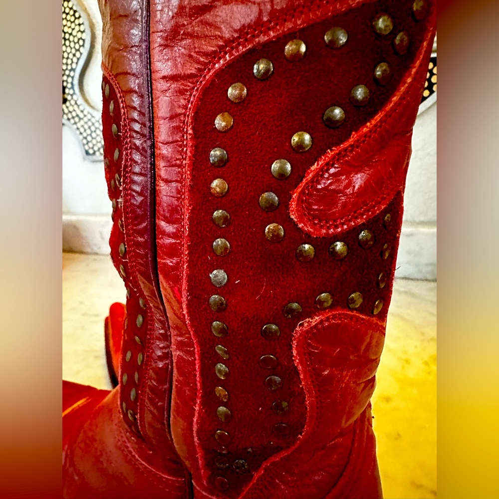 Frye Red Studded Leather Heeled Boots